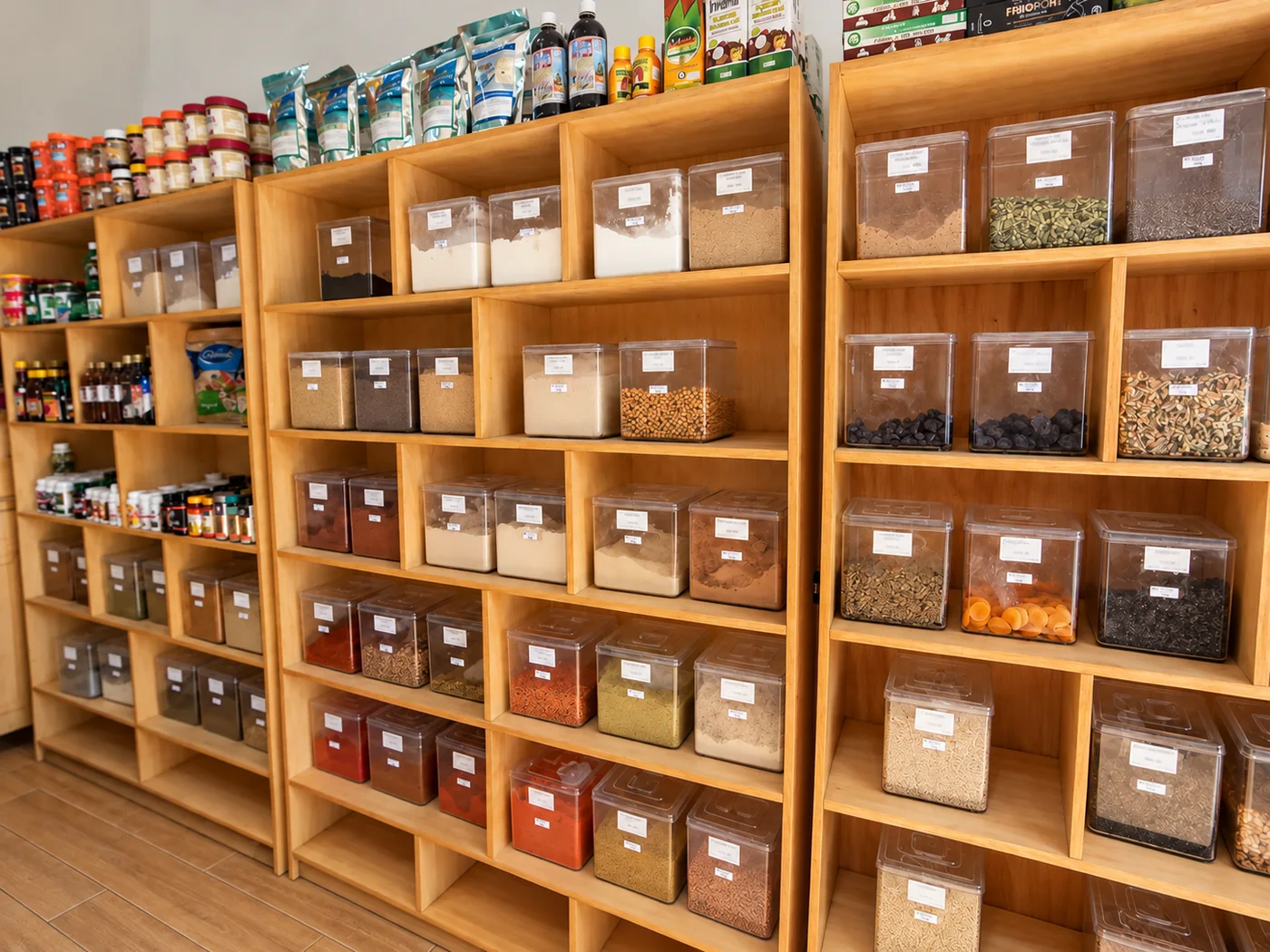 Interior da Leve Grãos com prateleiras de madeira e produtos a granel